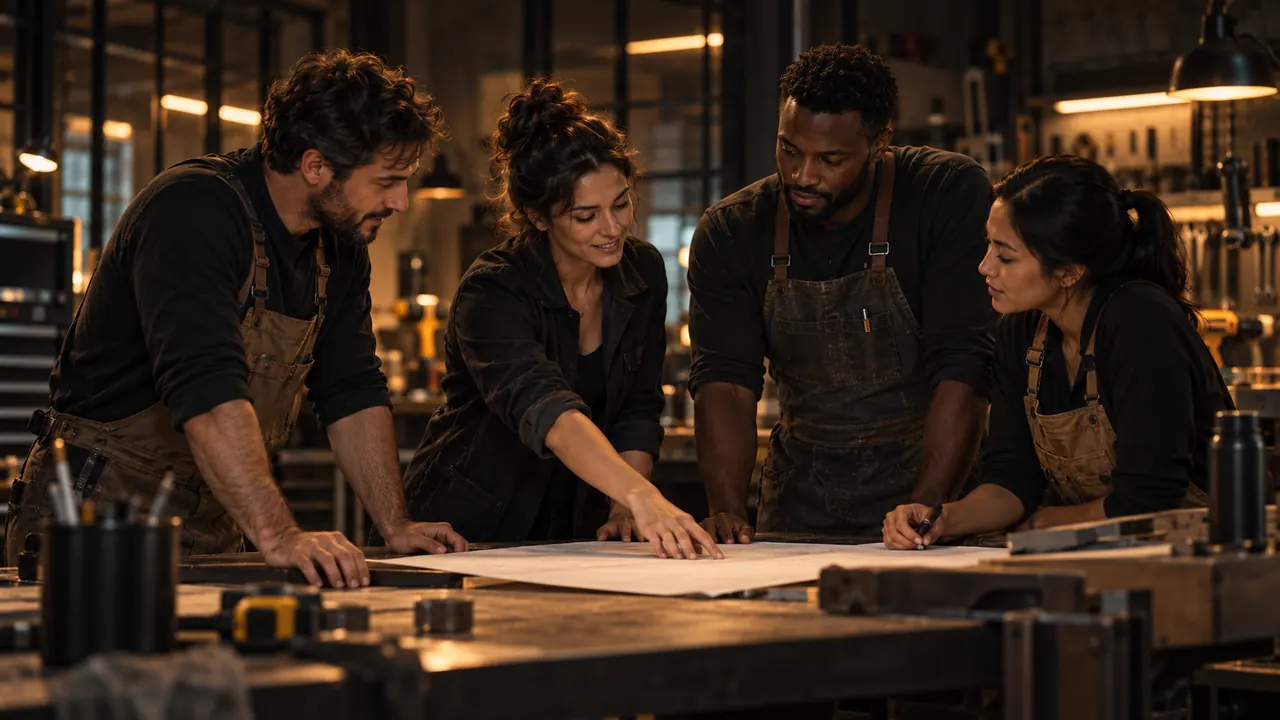 Des artisans se transmettent un plan autour d’une table d’atelier.