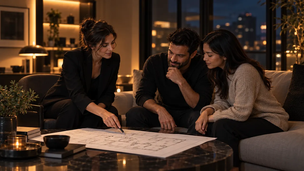 Une professionnelle de l’habitat examine un plan avec des clients.