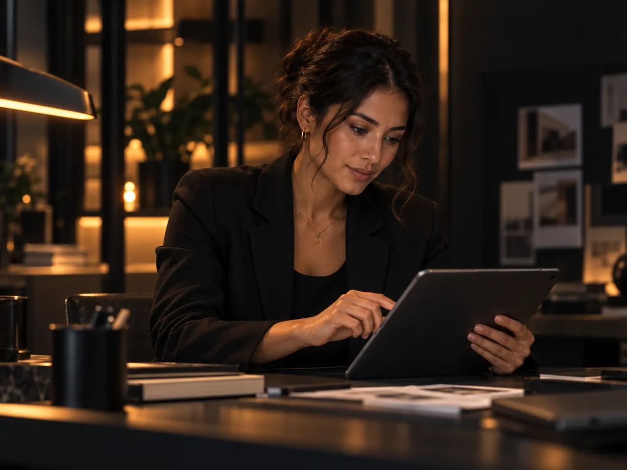 Une professionnelle vérifie une étape sur une tablette à son poste.