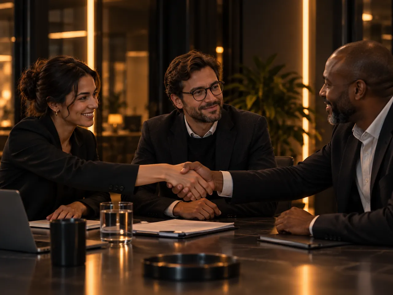 Trois professionnels partagent une poignée de main autour d’une table de réunion.