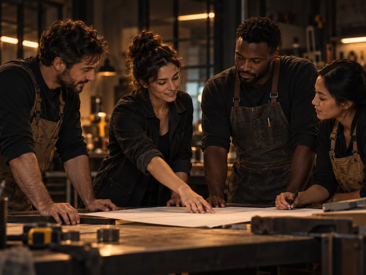 Des artisans se transmettent un plan autour d’une table d’atelier.